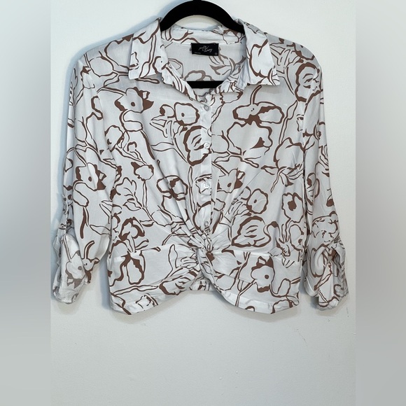 Anthropologie Milk & Honey Twist Knot White Brown Abstract Top Medium - Picture 1 of 16